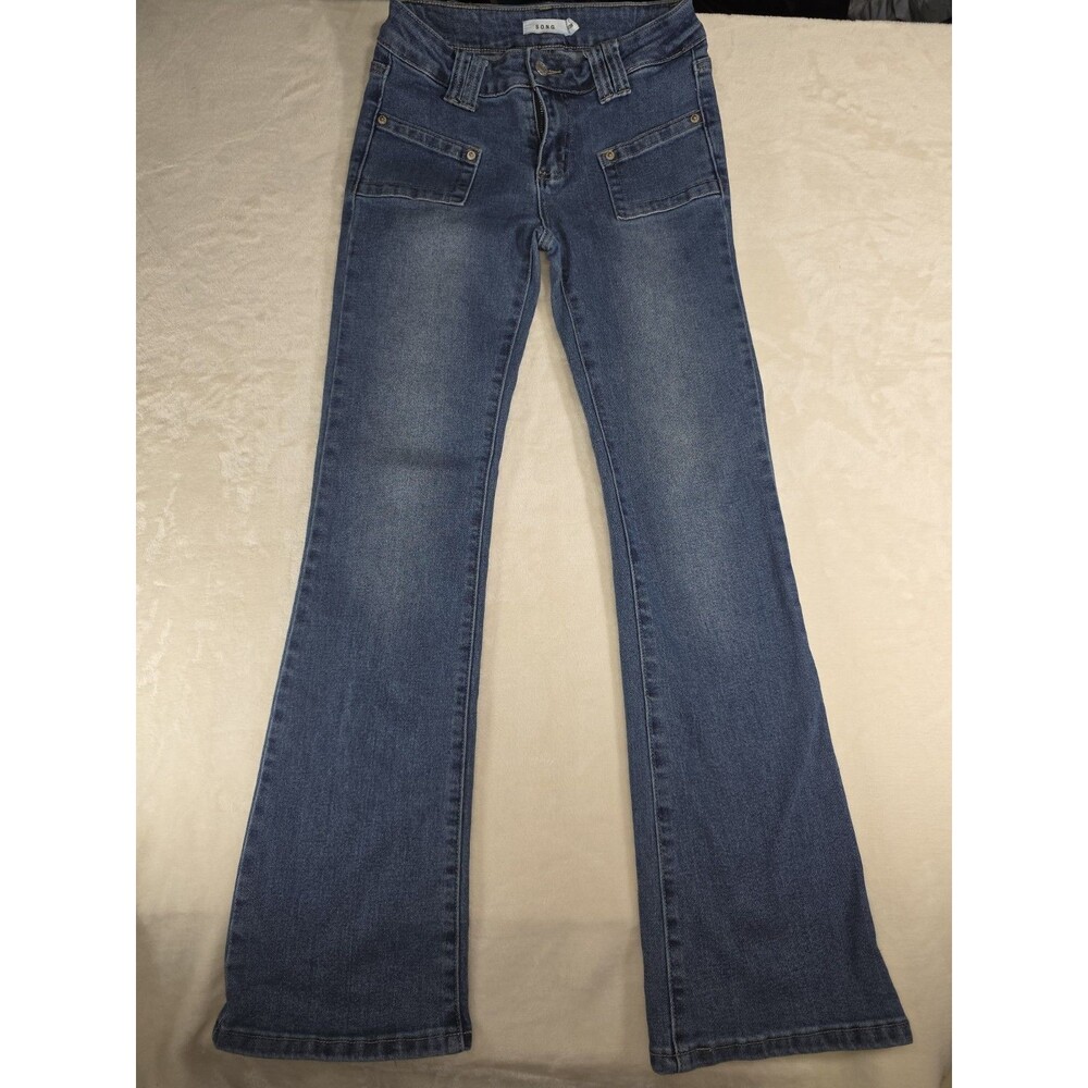 SONG Low Rise Flare Jeans Size 3 Front Patch Pocket Medium Wash Y2K Denim 3/26
